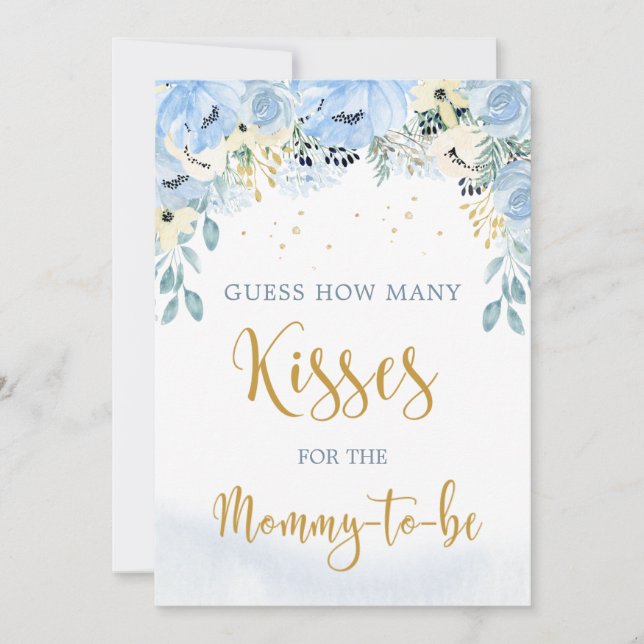 Floral Blue Baby Shower Guess How Many Kisses Game Invitation (Front)