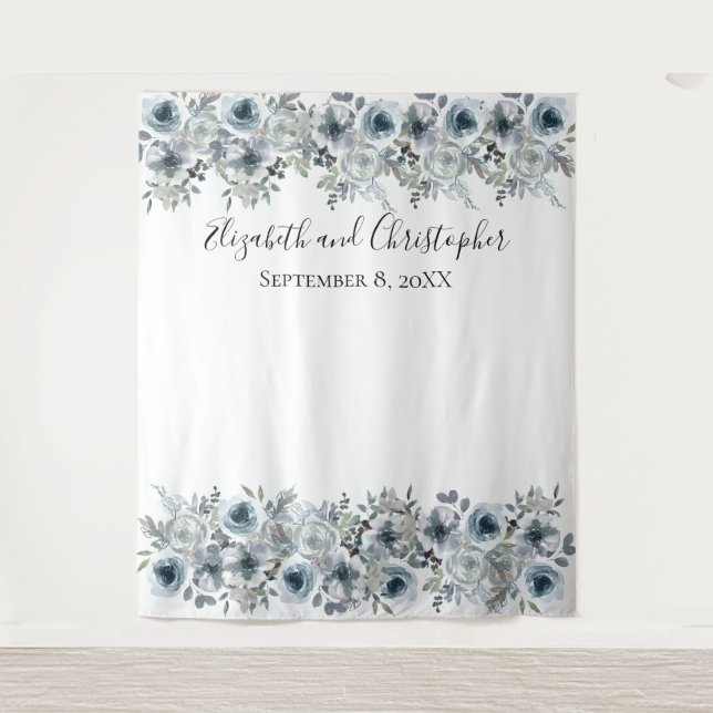 Floral Blue Backdrop Photo Prop Wedding Shower  (Front)