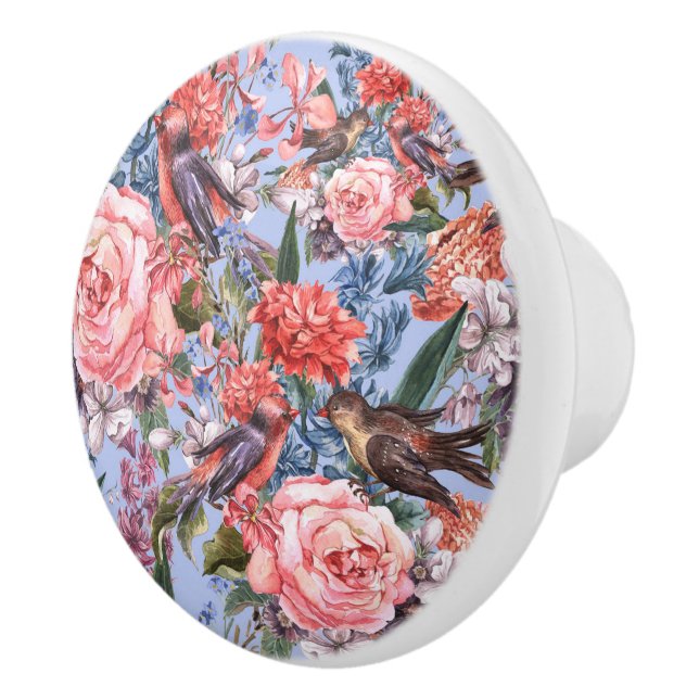 Floral Blue Background Roses Hyacinth Wild Flowers Ceramic Knob (Right)