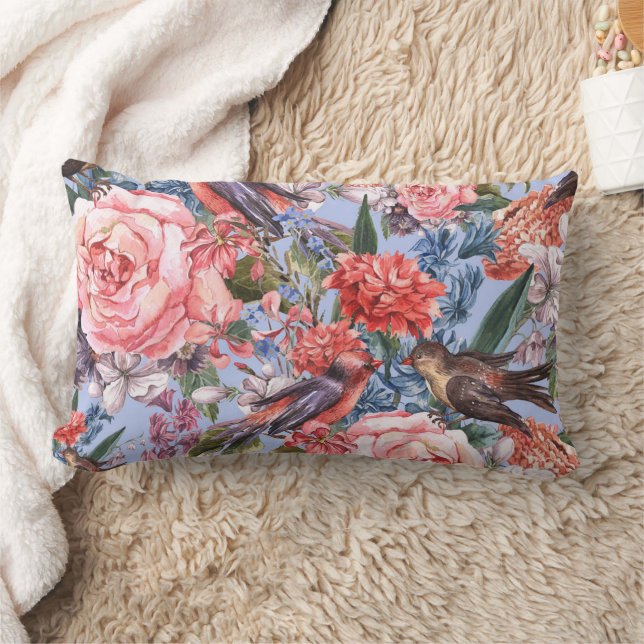 Floral Blue Background Roses Hyacinth Wild Flowers Lumbar Pillow (Blanket)