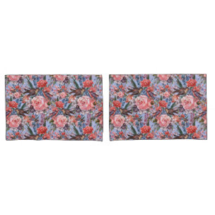 Floral Blue Background Roses Hyacinth Wild Flowers Pillow Case