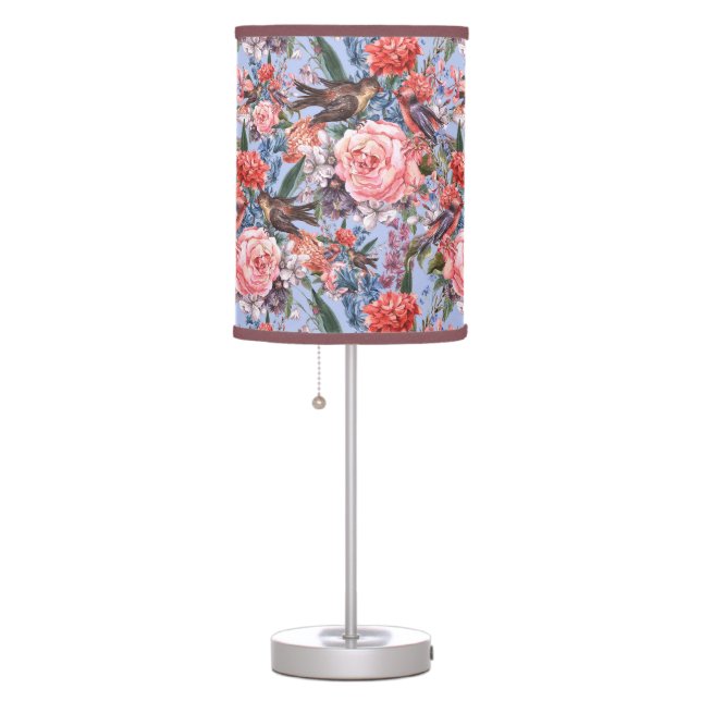Floral Blue Background Roses Hyacinth Wild Flowers Table Lamp (Right)