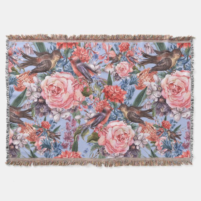 Floral Blue Background Roses Hyacinth Wild Flowers Throw Blanket (Front)