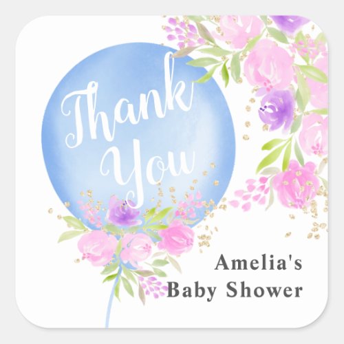 Floral blue balloon thank you baby shower square sticker