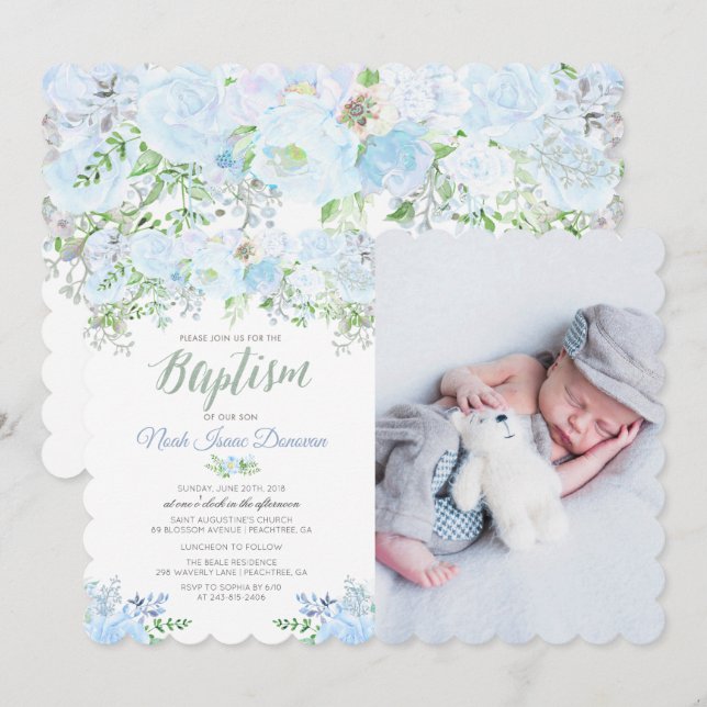 Floral Blue Baptism Christening Invitation (Front/Back)