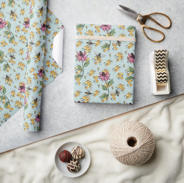 Floral Blue Bee, Honeycomb & Flowers Wrapping Paper (Crafts)