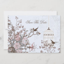 floral blue bird cage, love birds save the dates save the date