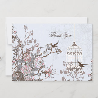 Floral blue bird cage, love birds Thank You Invitation