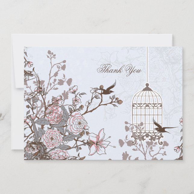 Floral blue bird cage, love birds Thank You Invitation (Front)
