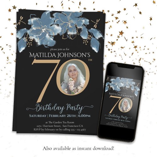 Floral Blue Black Gold Custom Photo 70th Birthday  Invitation