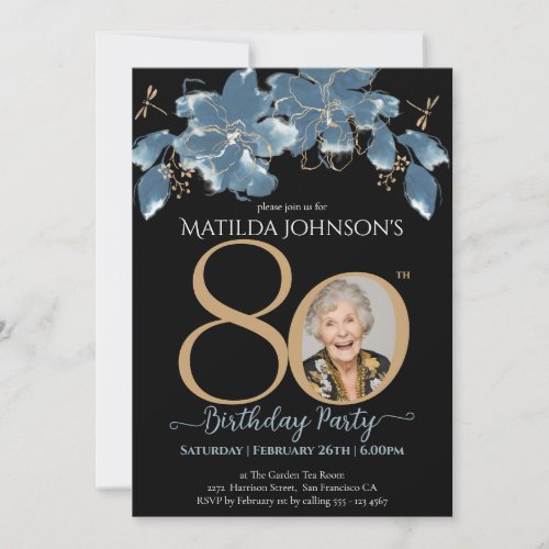 Floral Blue Black Gold Custom Photo 80th Birthday Invitation