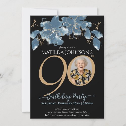 Floral Blue Black Gold Photo 90th Birthday Party Invitation