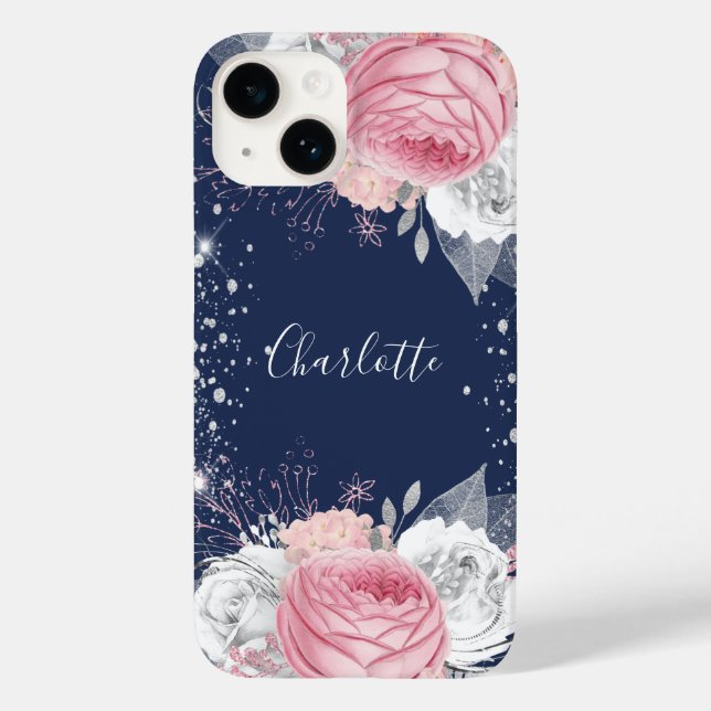 Floral blue blush pink silver glitter name Case-Mate iPhone case (Back)
