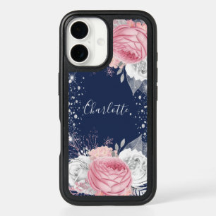 Floral blue blush pink silver glitter name iPhone 16 case