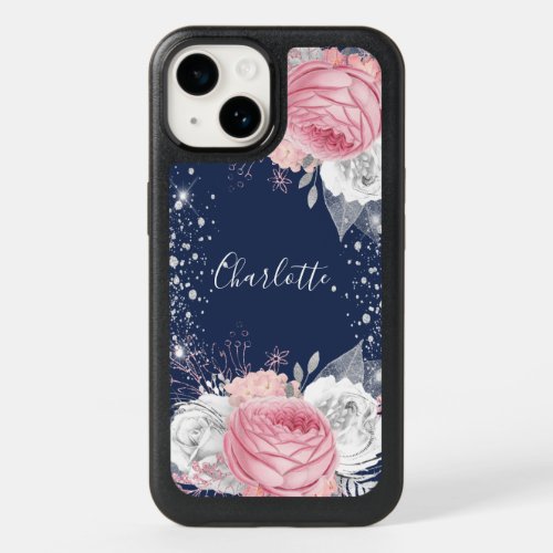 Floral blue blush pink silver glitter name OtterBox iPhone 14 case