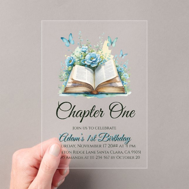 Floral Blue Book Boy Chapter One 1st Birthday Acrylic Invitations (Insitu (Handheld))