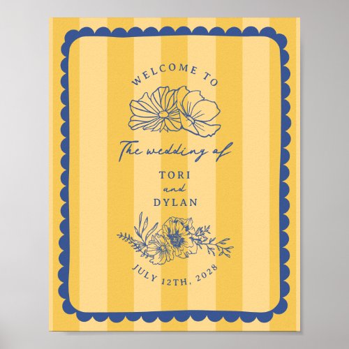 Floral Blue Border Stripe Wedding Welcome Poster