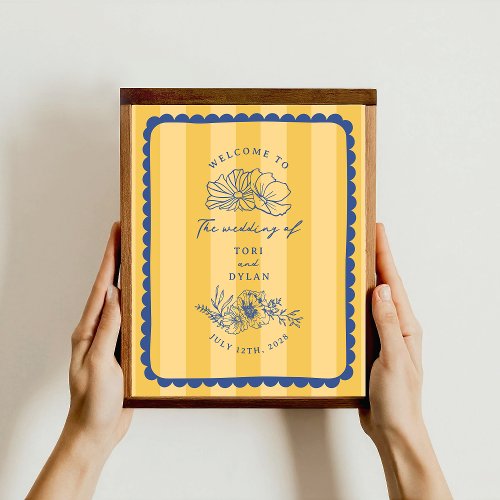 Floral Blue Border Stripe Wedding Welcome Poster