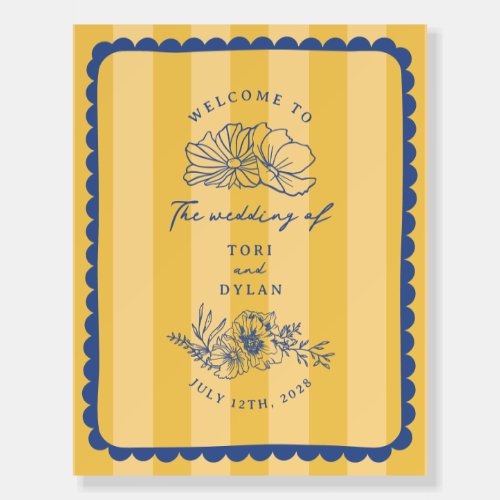 Floral Blue Border Yellow Stripe Wedding Welcome Foam Board