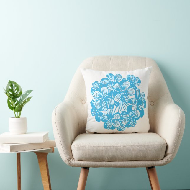 Floral Blue Botanical Hydrangea Flower Blossoms Throw Pillow (Chair)