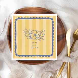 Floral Blue Botanical Stripe Wedding Napkins