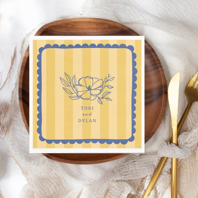 Floral Blue Botanical Stripe Wedding Napkins (Creator Uploaded)