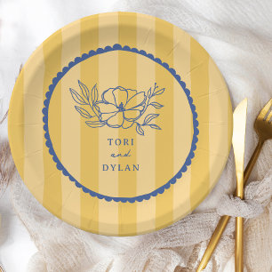 Floral Blue Botanical Yellow Stripe Wedding Paper Plates