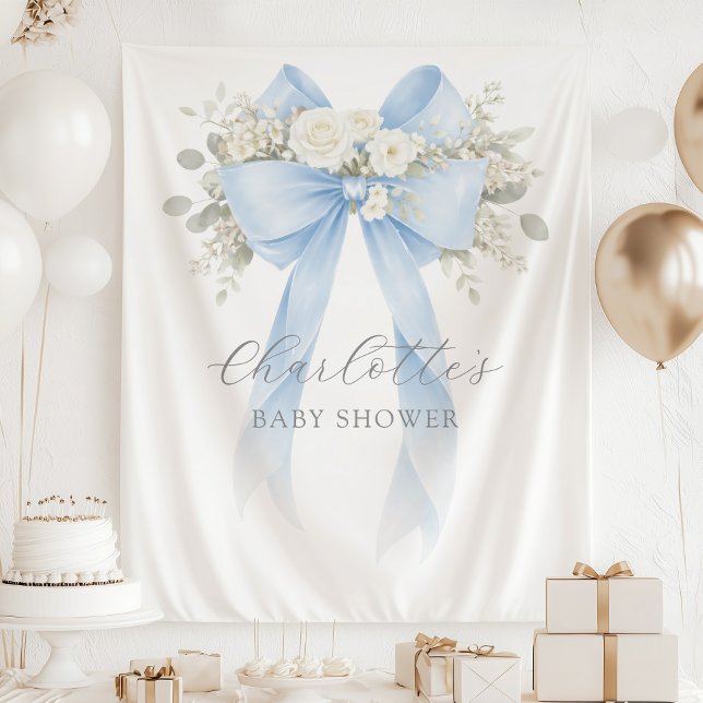 Floral Blue Bow Baby Boy Shower Tapestry (Creator Uploaded)