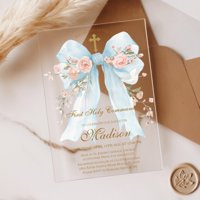 Floral Blue Bow First Holy Communion Girl Acrylic Invitations (Creator Uploaded)