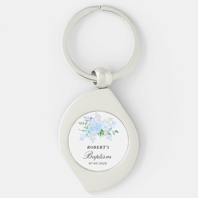 Floral Blue Boy Baptism Favor Keychain (Front)