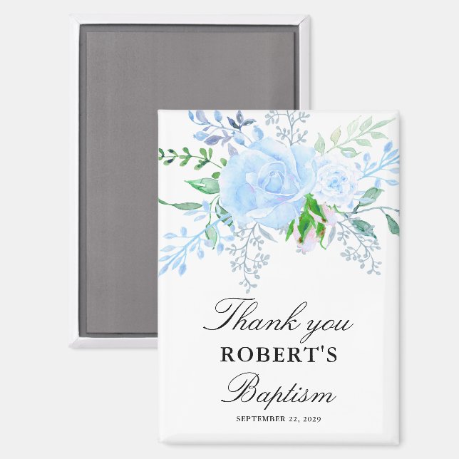 Floral Blue Boy Baptism Favor Magnet (Front/Back)