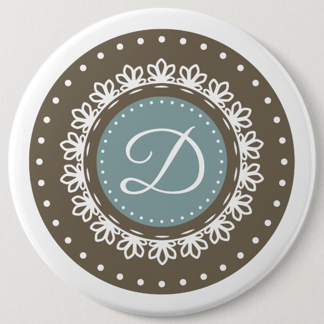 Floral blue brown personalized classic photo button (Front)