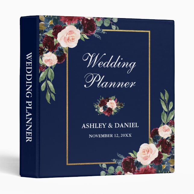 Floral Blue Burgundy Blue Gold Wedding Planner 3 Ring Binder (Front/Spine)