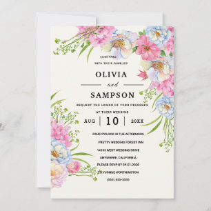 Floral Blue Burgundy Gold Blush Pink Wedding Invitation