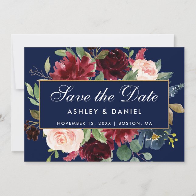 Floral Blue Burgundy Gold Save The Date (Front)