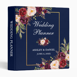 Floral Blue Burgundy Gold Wedding Planner 3 Ring Binder