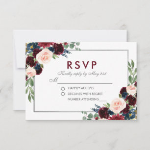 Floral Blue Burgundy Silver Wedding RSVP Card
