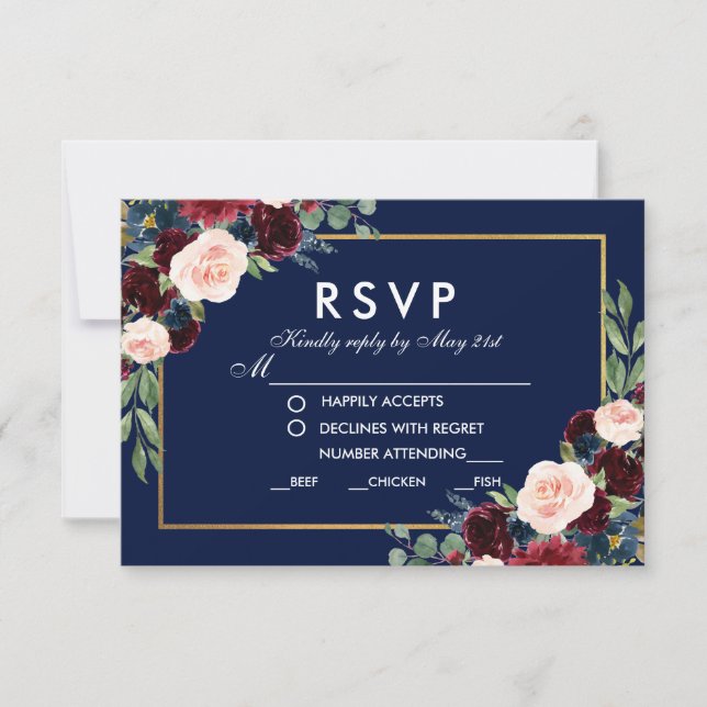Floral Blue Burgundy Wedding Meal RSVP Gold Card (Front)