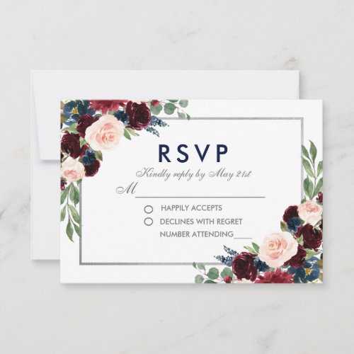 Floral Blue Burgundy Wedding  Silver RSVP