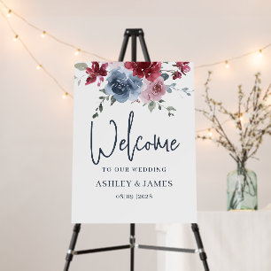 Floral Blue Burgundy Wedding Welcome Sign
