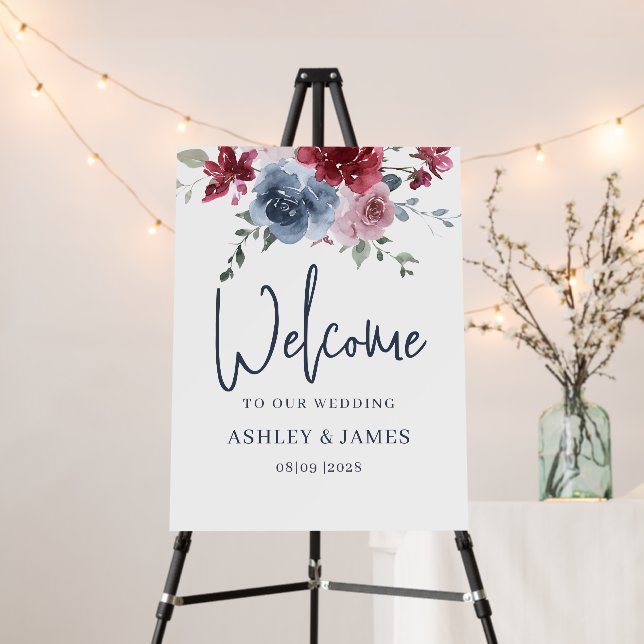 Floral Blue Burgundy Wedding Welcome Sign (In Situ (Stand))