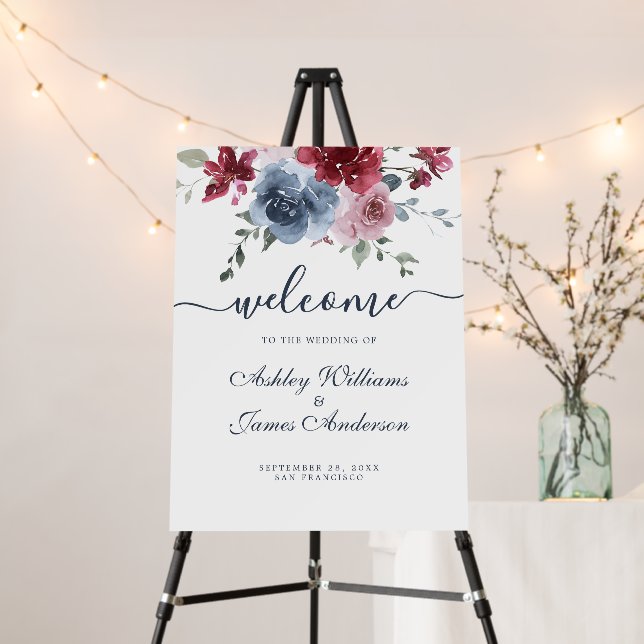 Floral Blue Burgundy Wedding Welcome Sign (In Situ (Stand))