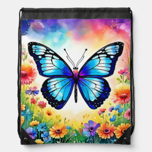 Floral Blue Butterfly Art Drawstring Bag