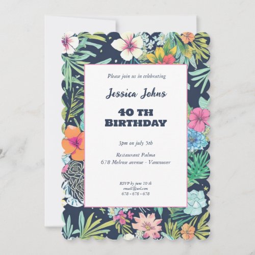 Floral blue cactus greenery 40th invitation