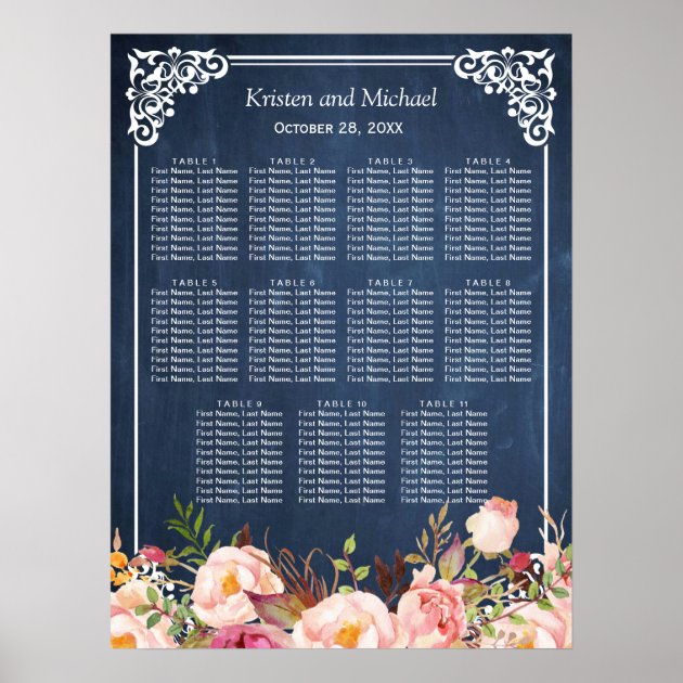 Floral Blue Chalkboard Wedding Seating Chart