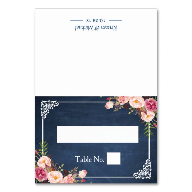 Floral Blue Chalkboard Wedding Seating Place Card