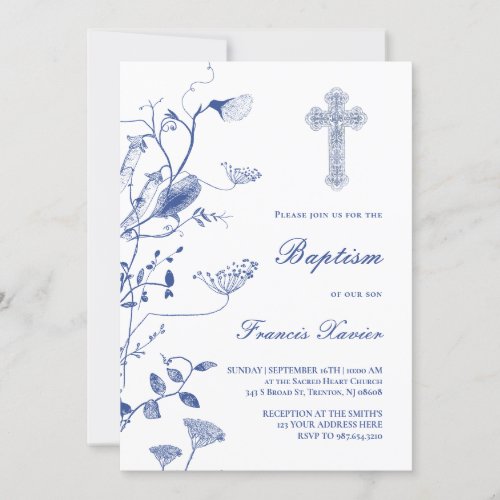 floral blue chinoiserie design  Baptism Invitation