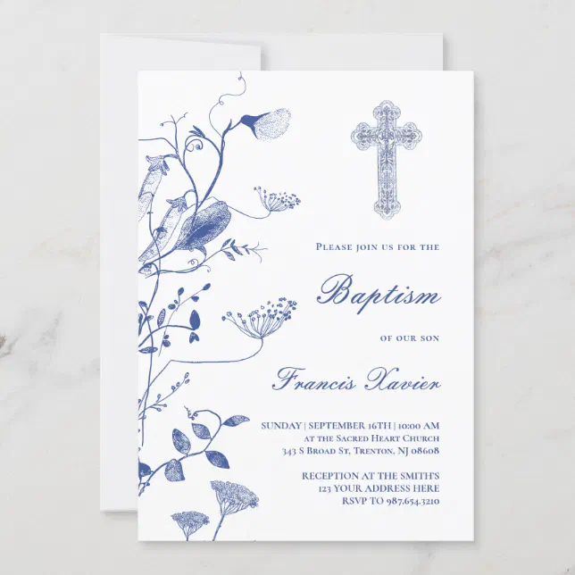 floral blue chinoiserie design | Baptism Invitation | Zazzle