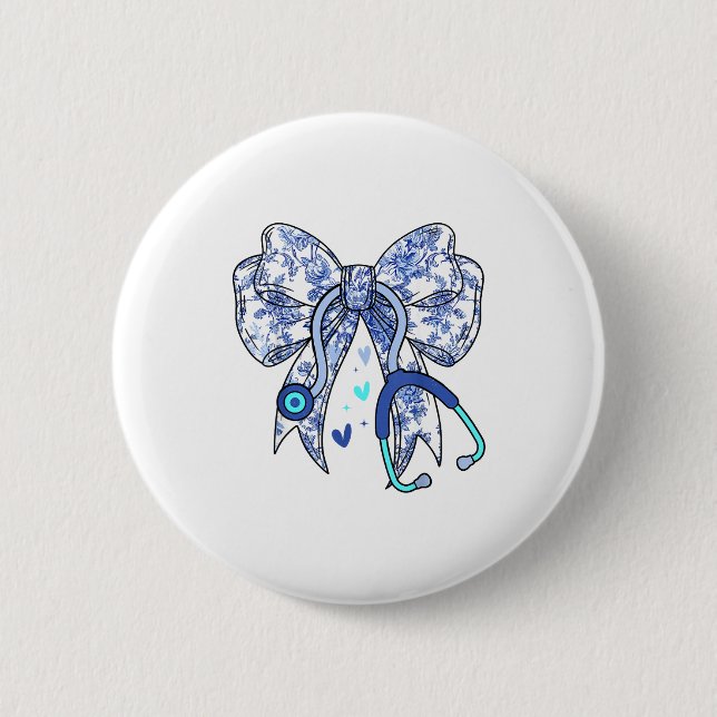 Floral Blue Coquette Bow Nurse Stethoscope Medical Button (Front)