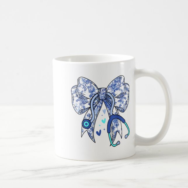 Floral Blue Coquette Bow Nurse Stethoscope Medical Coffee Mug (Right)